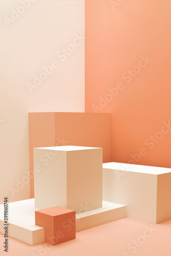 Abstract composition of geometric shapes. Empty pedestals for presentation. Minimalistic 3D render in coral shades. Mockup.