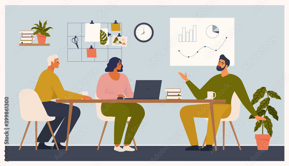 Scene at office. Men and woman sit taking part in business meeting, negotiation, brainstorming, talking to each other. Colorful vector illustration in flat cartoon style.