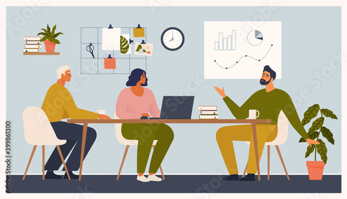 Scene at office. Men and woman sit taking part in business meeting, negotiation, brainstorming, talking to each other. Colorful vector illustration in flat cartoon style.