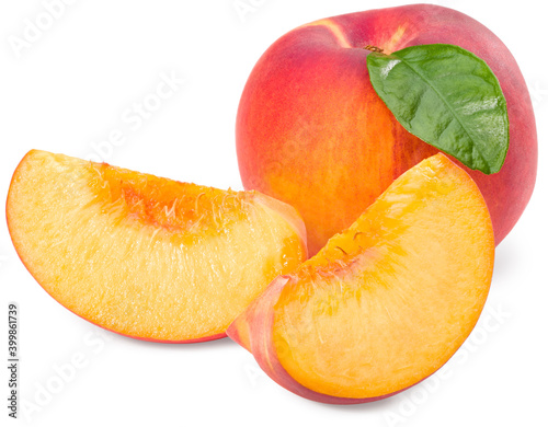 peach fruit with green leaf and slices isolated on white background. full depth of field. clipping path