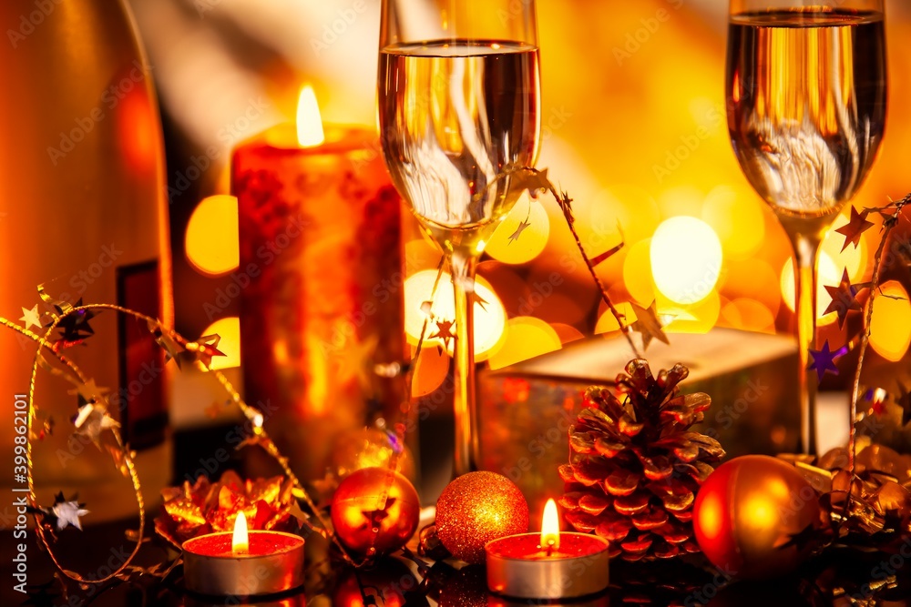 Christmas decoration with glasses of vine and candles. Christmas decoration with glasses of vine and candles.
