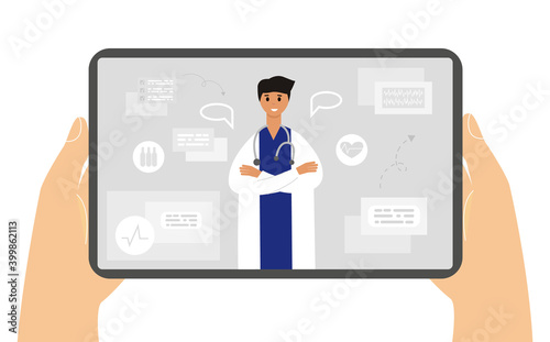 Online medicine and smart healthcare concept illustration with videocalling on tablet. Online medical advise or consultation service, tele medicine. Vector illustration for websites.