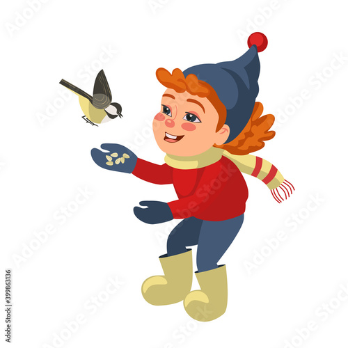 Little girl feeding bird flat color vector icon