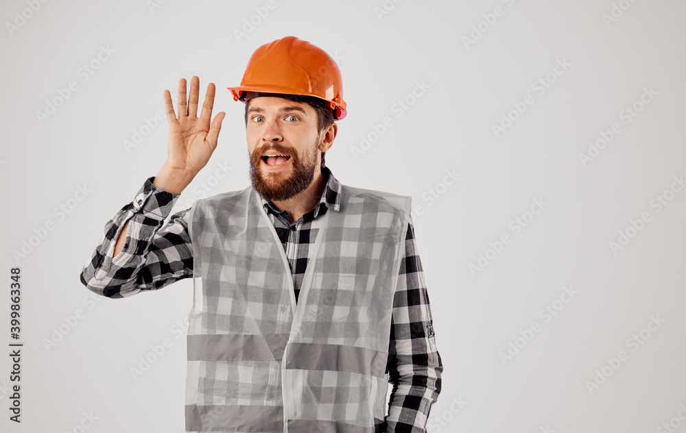 Emotional worker orange hard hat safety work construction Emotional worker orange hard hat safety work construction
