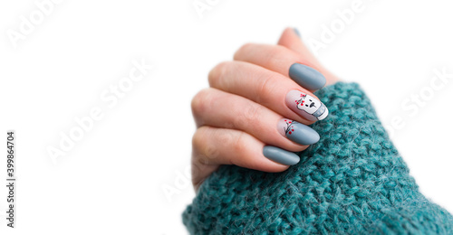 Nails Design. Hands With Snowman. Christmas blue Manicure isolated on white Background. Close Up Of Female Hands. Art Nail.