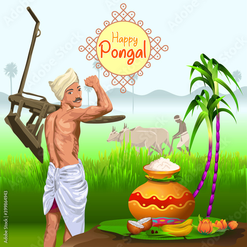 Pongal Greetings with farmer in paddy field, pot and sugarcane