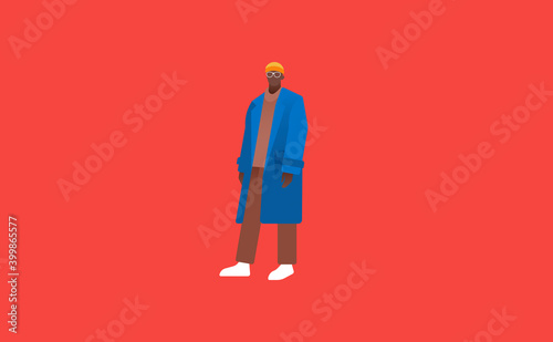 Stulish African American man in winter clothes. Full lenght character illustration on a color background.
