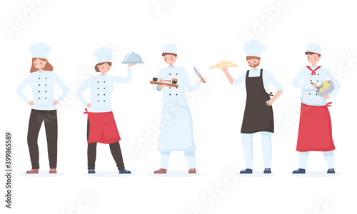 chef characters set, cartoon restaurant staff with tray and different meals