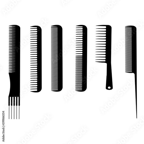 Set of silhouettes of hairdressing combs, tools for combing hair, styling and haircut help, combs with different lengths of thickness and distance of teeth
