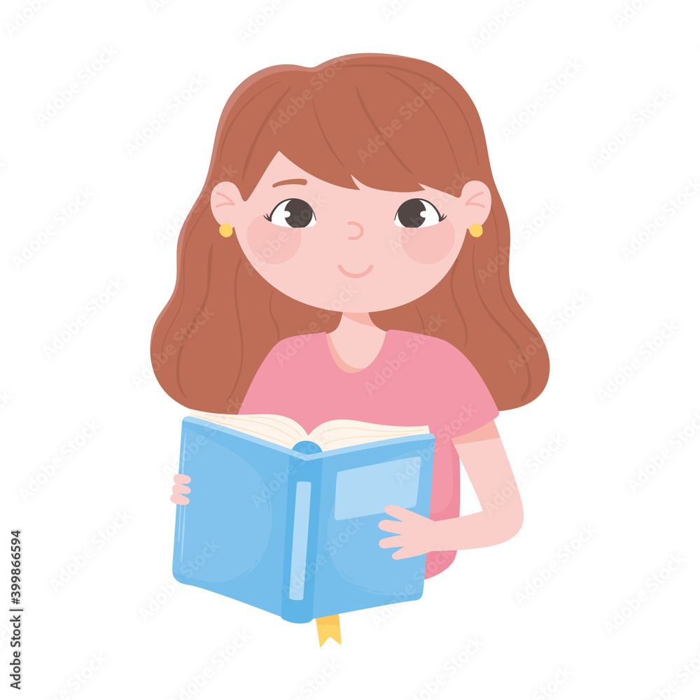 cute girl reading a book icon white background