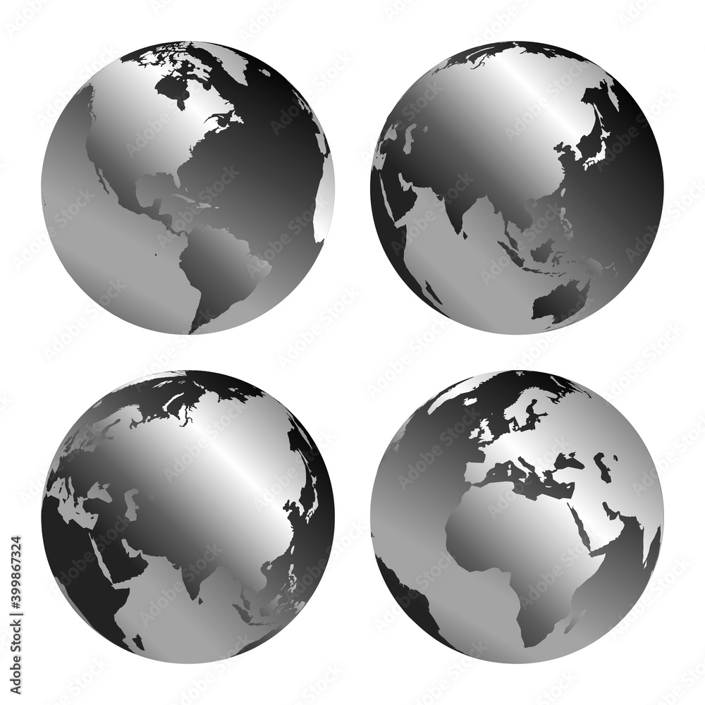 Vector Illustration of gray globe icons with different continents