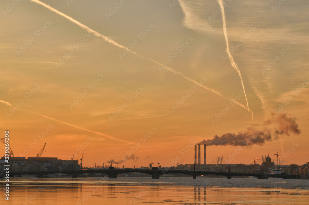 Bright sunset over the city.