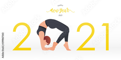 Happy New Year 2021 banner with yoga poses or asana posture. Year of good health. Banner design template for New Year 2021 decoration in Yoga Concept. Vector.
