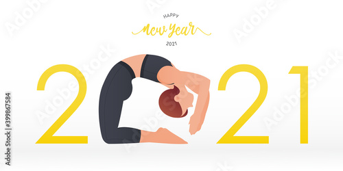 Happy New Year 2021 banner with yoga poses or asana posture. Year of good health. Banner design template for New Year 2021 decoration in Yoga Concept. Vector.