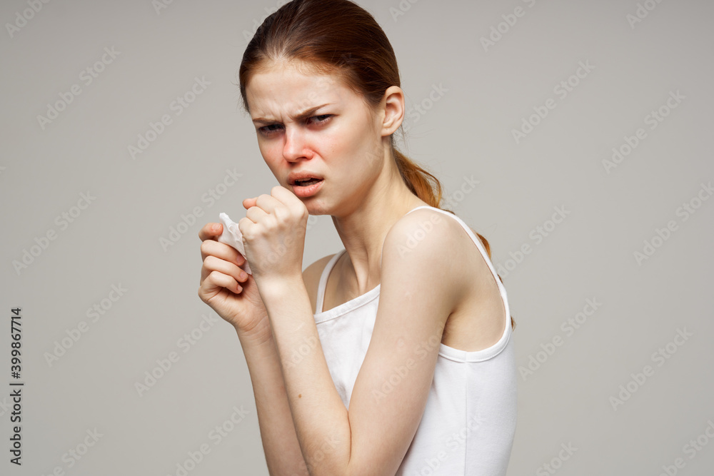 woman with runny nose handkerchief health problems virus dissatisfaction woman with runny nose handkerchief health problems virus dissatisfaction
