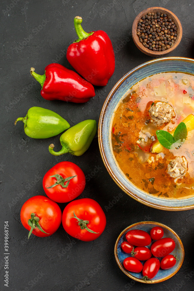 top view delicious meat soup with fresh vegetables on a dark background dish photo food top view delicious meat soup with fresh vegetables on a dark background dish photo food