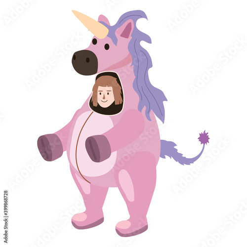 Actor in animal Unicorn costume. Theme party, Birthday kid, children animator, entertainer wearing performer character for holiday masquerade, carnival. Vector cartoon