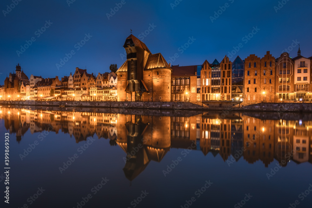 The old town of Gdańsk during the blue hour. A warm summer evening in the old Hanseatic city.