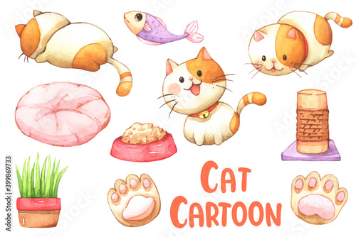 Illustration watercolor paint of Cute Orange cat cartoon and cute element. Drawing by watercolor. Hand drawn illustration. Isolated on white background.