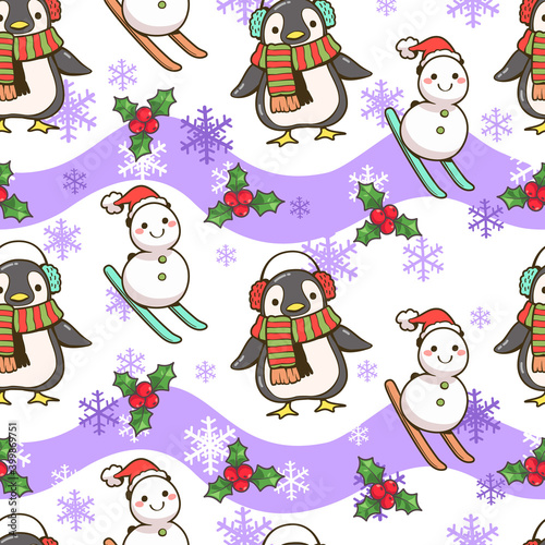 Fototapeta Naklejka Na Ścianę i Meble -  Seamless pattern of penguin, snowman christmas and Snowflake cartoon. Winter season. Cute character cartoon. Vector illustration. Wallpaper, Web page background, Card and banner design.