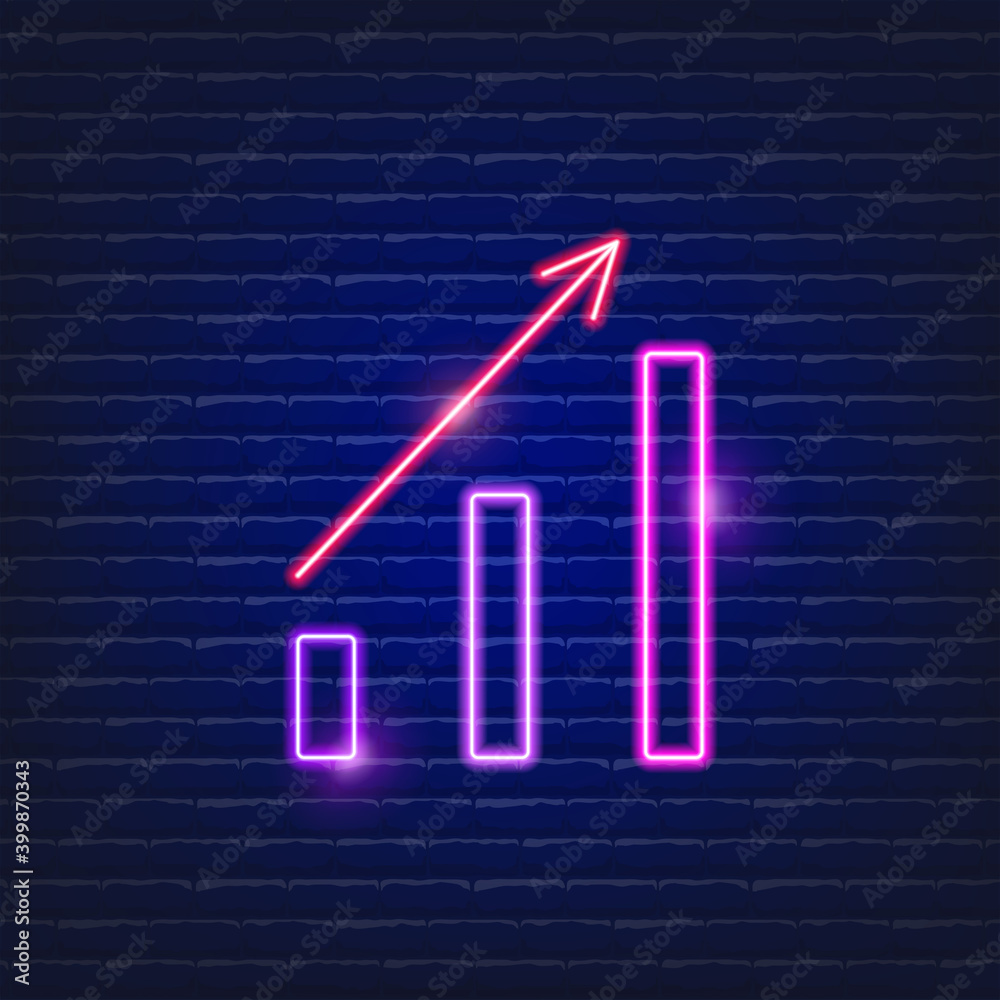 Growing graph and arrow neon icon. Glowing vector graphic illustration sign for website. Business concept. Growing graph and arrow neon icon. Glowing vector graphic illustration sign for website. Business concept.