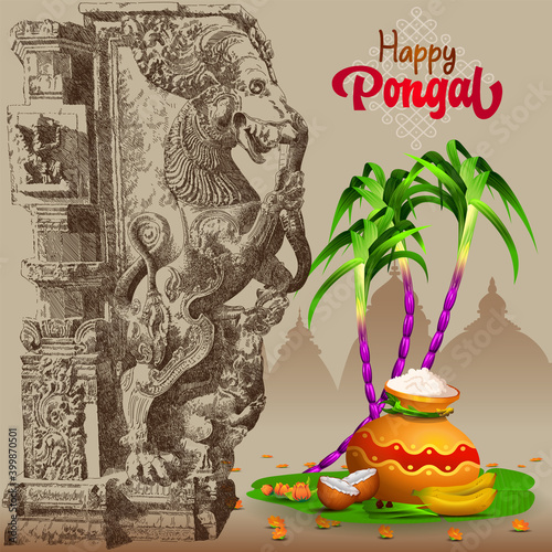 Pongal Greetings with traditional sculpture and sugarcane