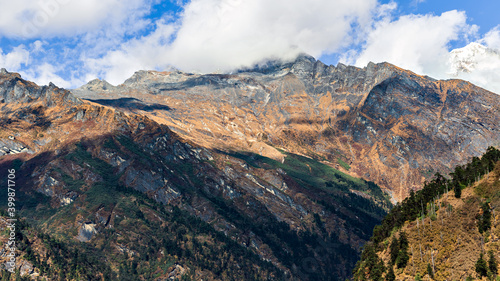 The Himalayan mountain landscape on the trekking route from Khare to Panch Pokhari in Nepal.