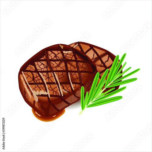 Freshlyn grilled beef steak with rosemary isolated on white background