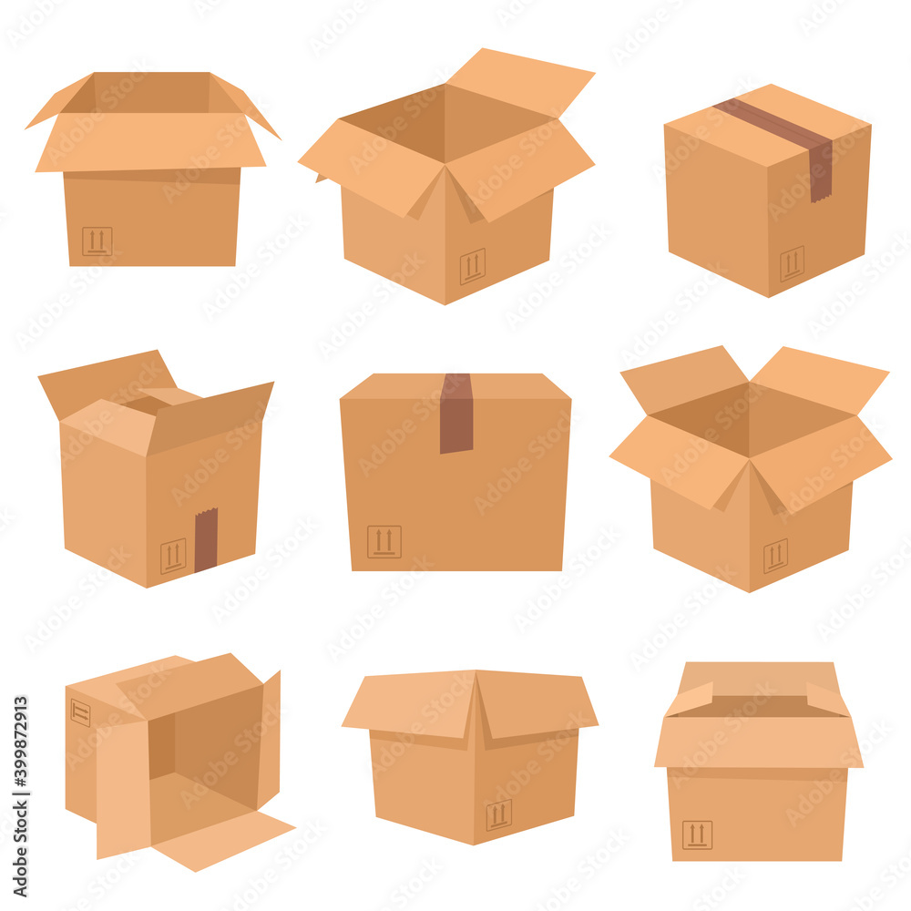 Set of cardboard boxes isolated on white background. Vector illustration. Set of cardboard boxes isolated on white background. Vector illustration.