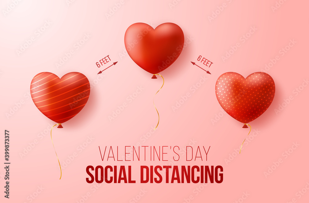 Keep a safe distance while celebrating Valentine's Day. Realistic 3D hearts are located at a distance from each other. concept of safe love during coronavirus covid