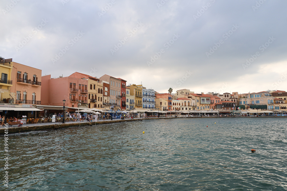 Colorful pier of the port of Chania, in Crete, Greece