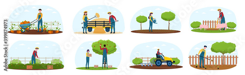 Set of farmers working at the countryside. Planting crops, gathering harvest, collecting fruits, feeding animals, carrying fruits, working on tractor. Flat cartoon vector illustration
