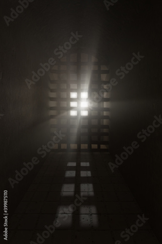 3d rendering of grunge ancient prison cell illuminated from light rays