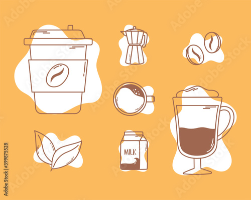 coffee disposable cup frappe moka pot and breans icons line and fill