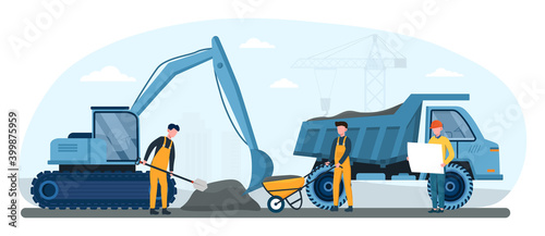Male workers in yellow overalls remove soil with shovel and wheelbarrow. Construction machinery, excavator work on foundation. Concept of road repair. Flat cartoon vector illustration