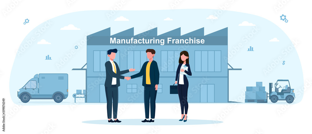 Man and woman offer franchising. Concept of various company or people wants to buy business. Men shaking hands over investments in manufacturing franchise. Flat cartoon vector illustration