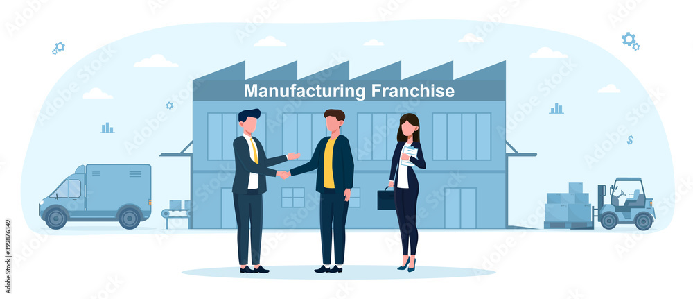 Man and woman offer franchising. Concept of various company or people wants to buy business. Men shaking hands over investments in manufacturing franchise. Flat cartoon vector illustration Man and woman offer franchising. Concept of various company or people wants to buy business. Men shaking hands over investments in manufacturing franchise. Flat cartoon vector illustration