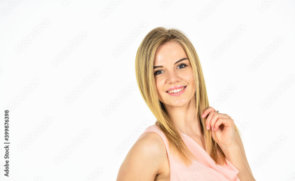 Following her personal style. pure beauty. pretty smiling lady. beautiful woman with long hair. natural beauty and makeup. female hairdresser salon. fashion model isolated on white. skin hair care Following her personal style. pure beauty. pretty smiling lady. beautiful woman with long hair. natural beauty and makeup. female hairdresser salon. fashion model isolated on white. skin hair care