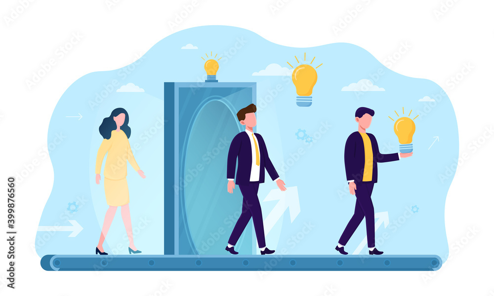 Generator of ideas. Portal door that gives you problem solvings and ideas  for life. Male and female characters walking along platform through door.  Flat cartoon vector illustration Stock Vector | Adobe Stock