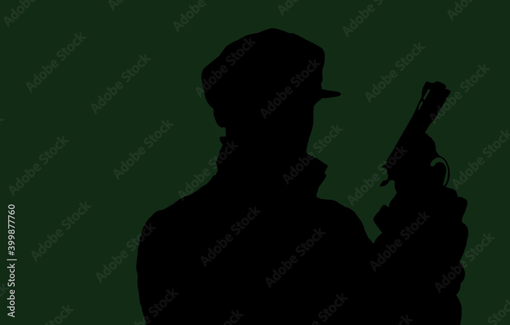 silhouette of a man in jacket and hat armed with gun on green background,vector illustration