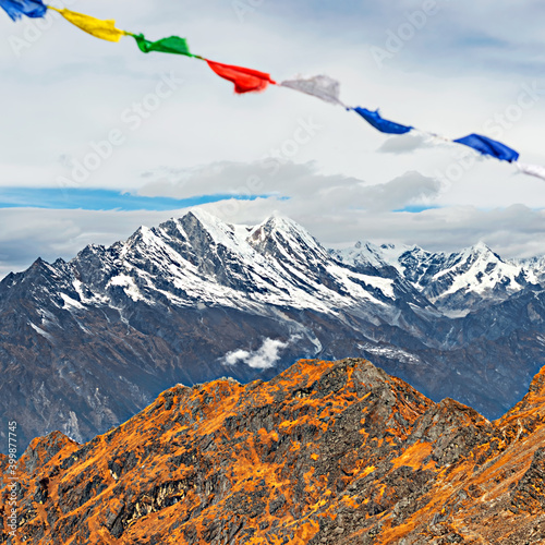 The Himalayan mountain landscape on the trekking route from Thule Kharka to Lukla at Zatrwa la Pass on Mera Peak trek in Nepal. photo