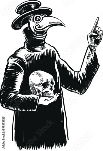 Character in plague doctor costume. Ink black and white vector drawing