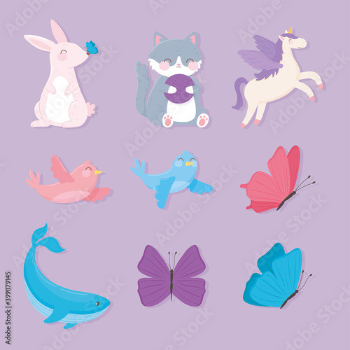 cute rabbit cat unicorn butterflies whale birds animals cartoon icons