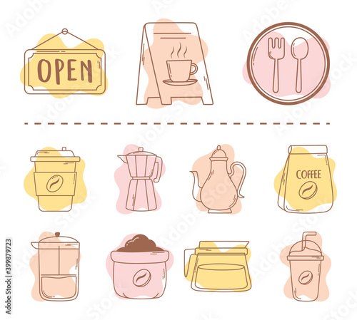 coffee restaurant package moka pot cups and frappe icon line and fill