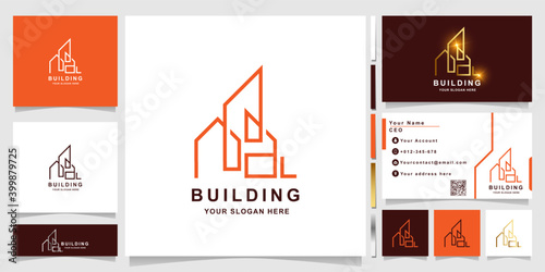 Minimalist line building or real estate logo template with business card design