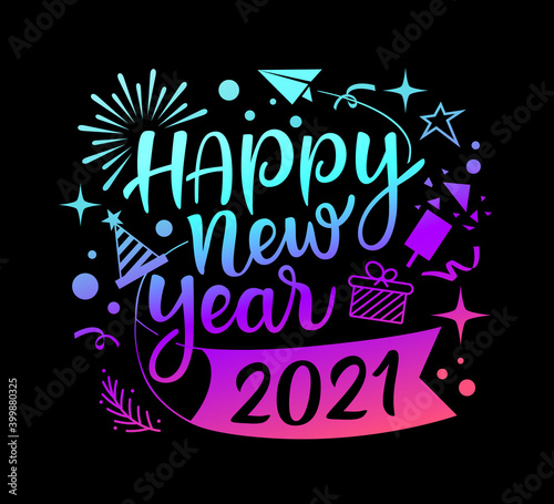 Happy new year 2021 message with icons blue gradation purple on black background  EPS 10 vector illustration