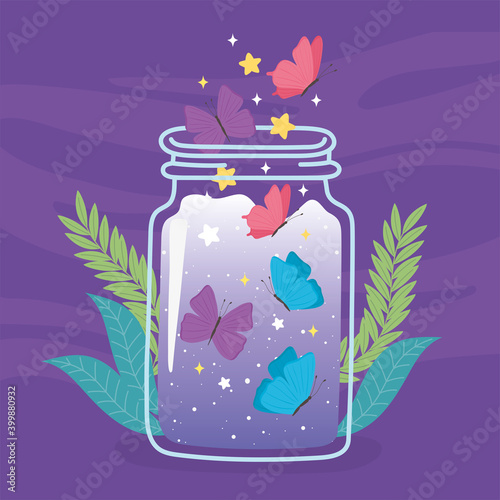 jar terrarium cute butterflies foliage vegetation cartoon purple background