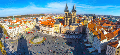 Panoramic aerial view of the Old Town Square (Staromestske namesti or Staromak), historic square in the Old Town quarter of Prague, the capital of the Czech Republic