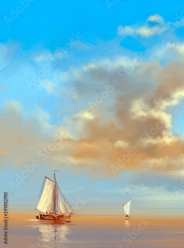 Oil paintings landscape, sailing boat at sunset, sailing ship in the sea