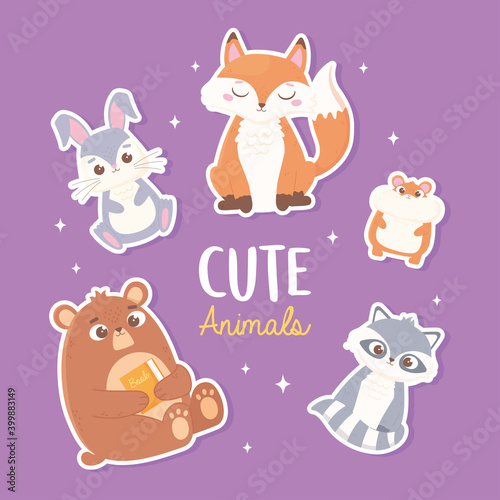 cute rabbit fox bear hamster and raccoon cartoon animals stickers